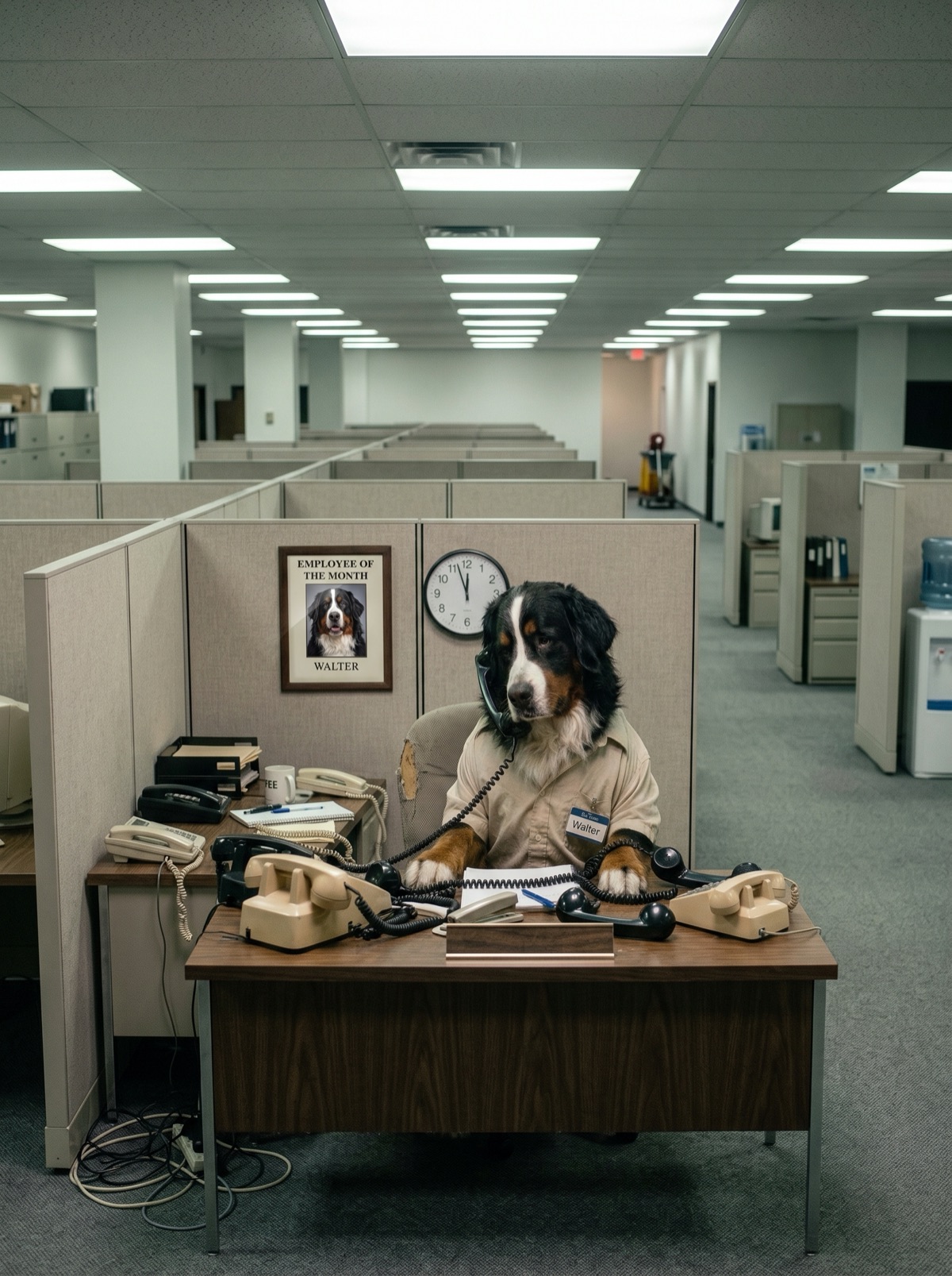 Walter, a Bernese mountain dog in a work shirt, juggling office phones under an Employee of the Month frame