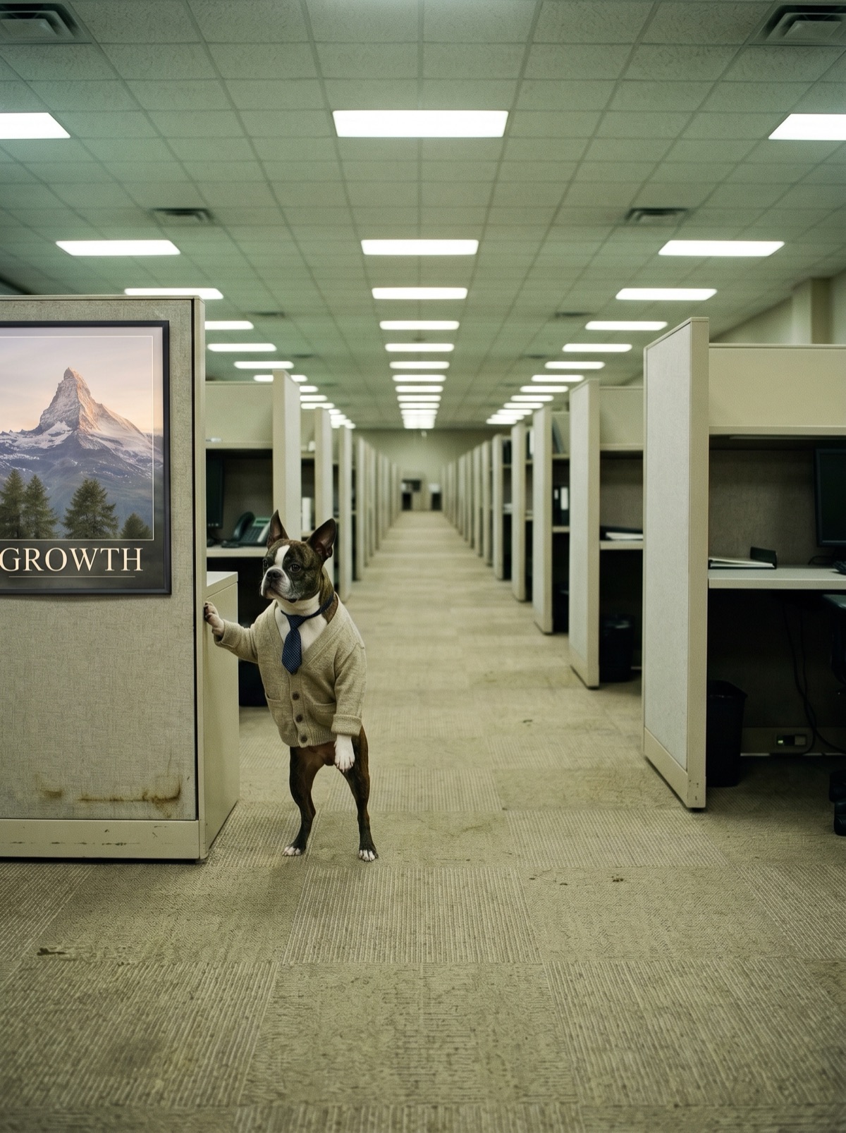 A dog in a cardigan beside a corporate GROWTH poster in an empty cubicle farm