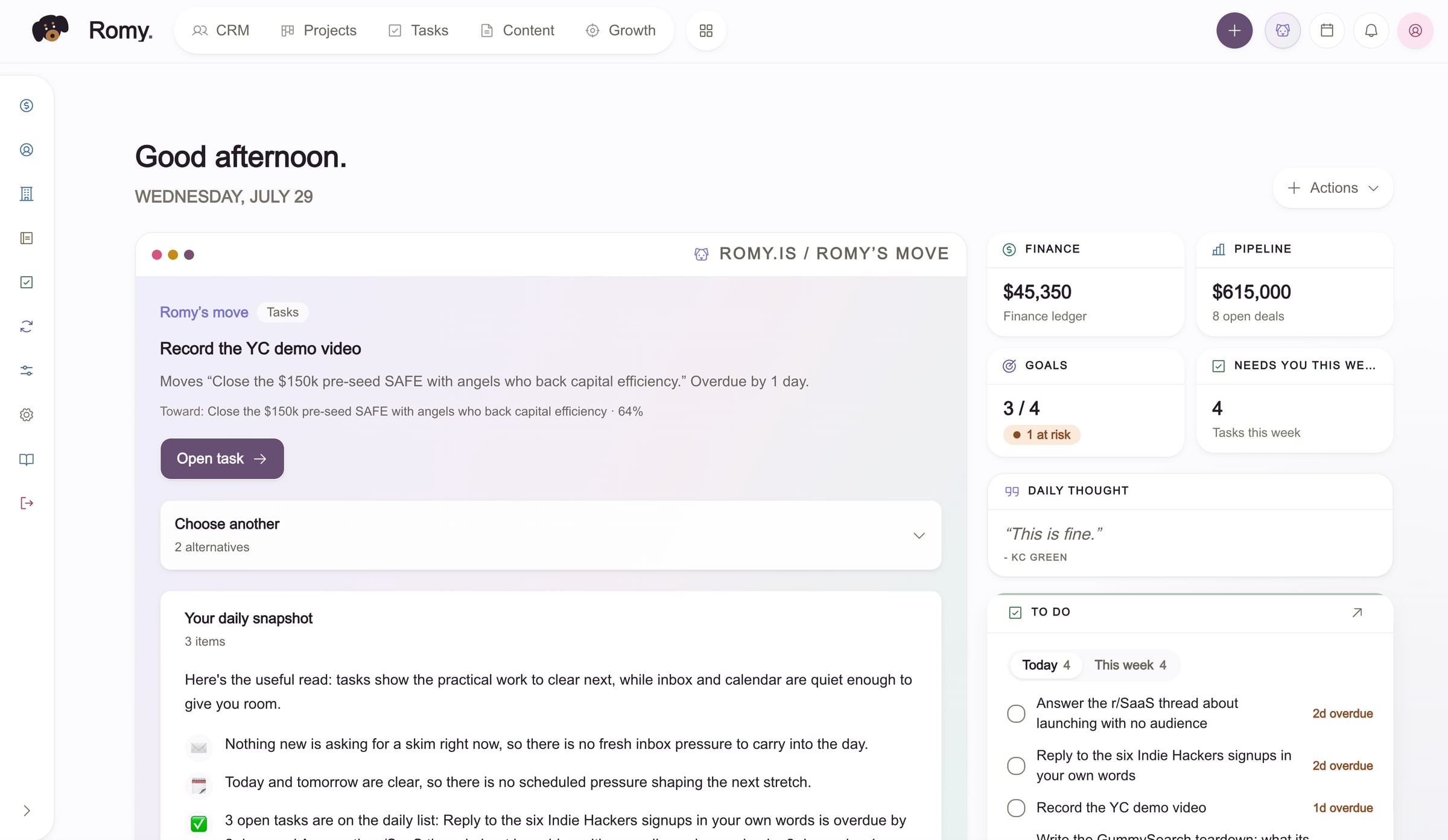 The current Romy home screen showing the day's recommended action, business snapshot, finance, pipeline, goals, and ranked to-do list.